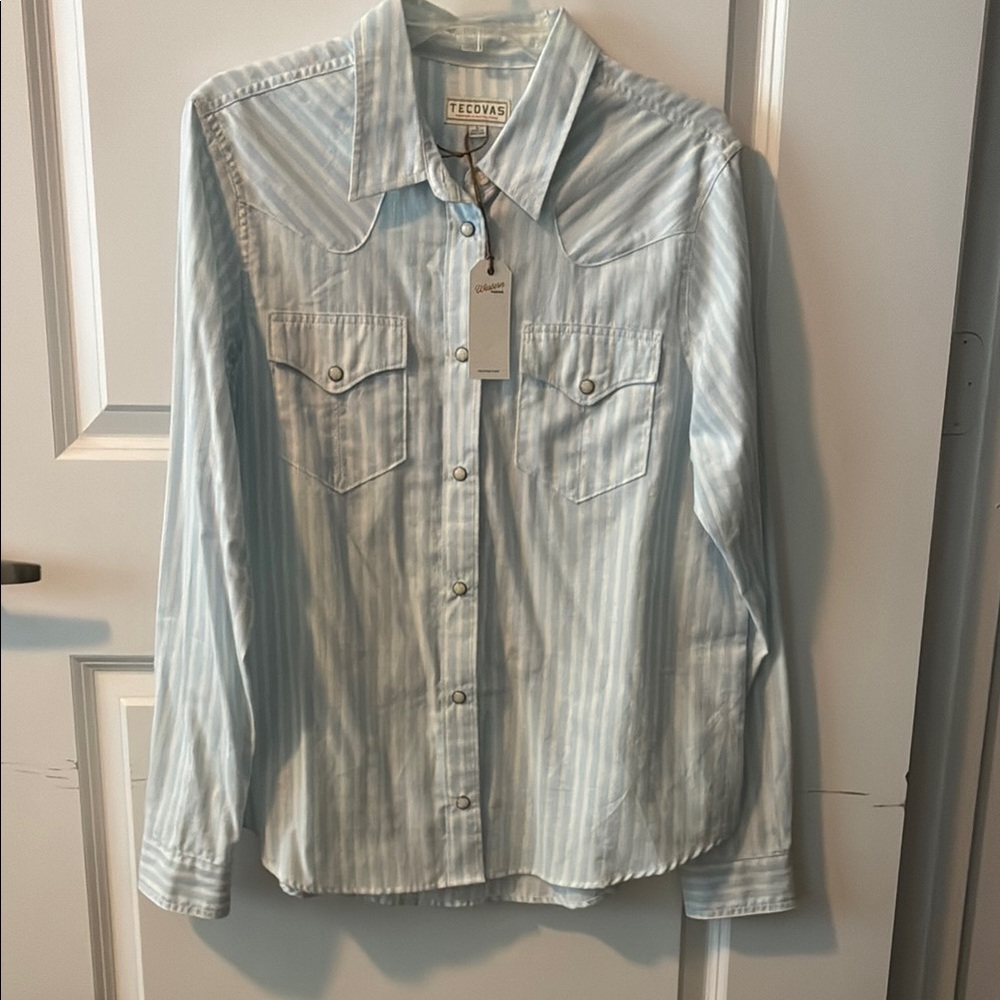 Tecovas women’s Light Blue Striped pearlsnapShirt